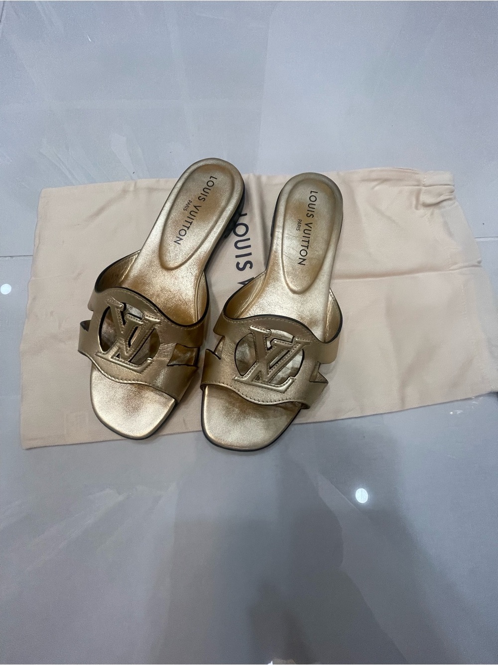 Louis Vuitton Metallic Gold LV Logo Slide Mules Size 38 - Picture 4 of 9